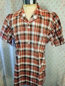 Vintage 1960s 1970s Brown Plaid Cotton Bravo Short Sleeve Casual Shirt AS NEW L - Picture 1 of 5