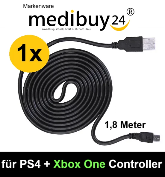 Ladekabel für PlayStation 4 PS4 & Xbox One Controller Micro USB Kabel 1,8m lang - Bild 1 von 1