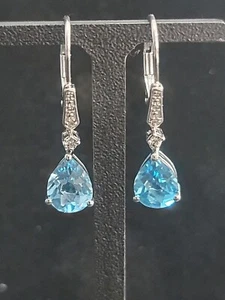 925 Sterling Silver P Star M 3Ct Pear Blue Topaz & Diamond Accent Drop Earrings - Picture 1 of 3