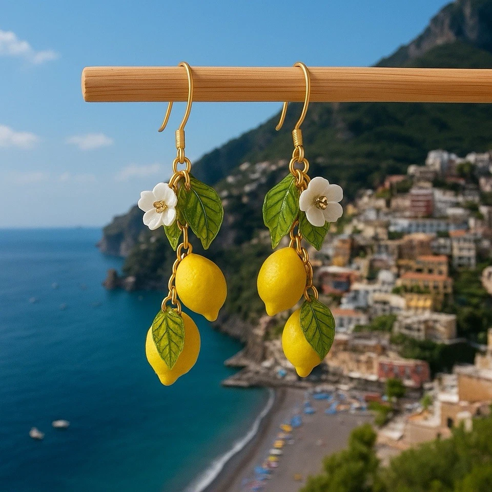 Anthropologie Flower Lemon Earrings Boho Chain Dangle Fruit Citrus Leaf Amalfi C — 第 1/1 张图片