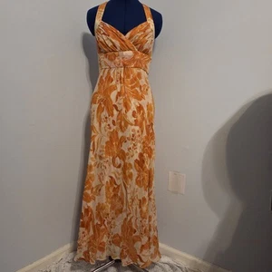Donna Ricco Vintage 90s Orange Silk Floral Halter Dress Size 4 - Picture 1 of 8