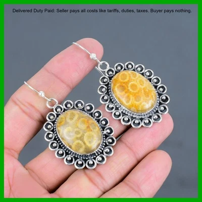 Pendientes colgantes mujer bisel de compromiso plata 925 piedra coral fósil chakra raíz Foto 1 de 4