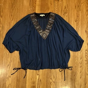 Umgee Sheer Beaded Dolman Sleeve Navy Blue Blouse V-Neck 2XL Satin Trim Party - Picture 1 of 10