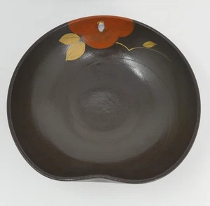Japanische Studiokeramik Schale signiert Handarbeit dunkle Glasur floral gerippte Seite - Bild 1 von 9