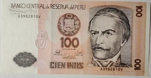 1987 Banco Central De Reserva Peru Cien Intis 100 World Paper Money A3982810V - Picture 1 of 4