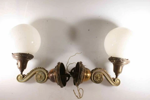 Amazing Pr. Antique Decorative Brass Wall Sconce Light Fixtures & Milk Glass Glo Cover