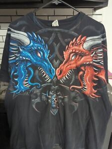 Vintage Mens X-Large Liquid Blue Dragon Head To Head Red Blue Shirt Short Sleeve