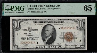 1929 $10 FRBN J00000033A P.M.G #65EPQ - Image 1 of 3