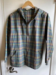 VTG Eddie Bauer Wom Small Hooded Pullover Windbreaker Jacket 1/4 ZipAnorak Plaid - Picture 1 of 11