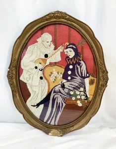 Gerahmtes Petit Point Nadelspitze Pierrot Serenade handgenäht viktorianisches Bild - Bild 1 von 6