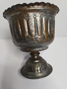 Antique Silver Wash Handmade Copper Vase Chalice Initialed GS Fluted Goblet ,Old - Picture 1 of 17