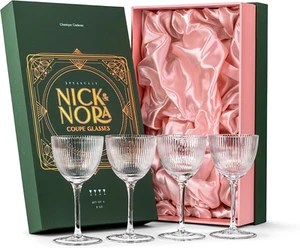 Vintage Art Deco Nick and Nora Coupe Glasses | Set of 4 | 5 Oz Crystal Ribbed Co - Picture 1 of 12