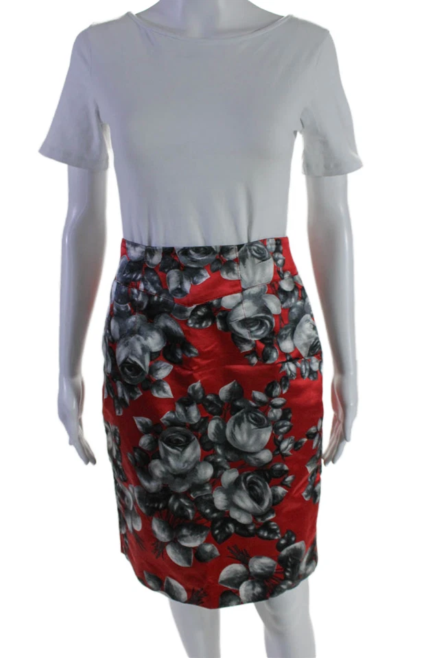 Saia lápis Yoana Baraschi feminina seda estampa floral fenda traseira vermelha cinza tamanho 4 - Imagem 1 de 4