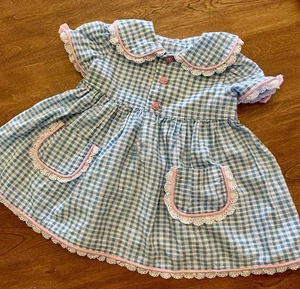 Vtg Handmade Baby Dress Girls 24 mths Blue Gingham Eyelet Trim Prairie Adorable - Picture 1 of 12