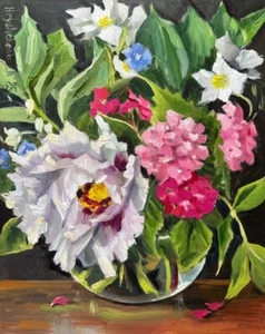 STILL LIFE Original Painting Oil Art BLOOMING PEONY, wildflowers, hydrangea - Picture 1 of 9