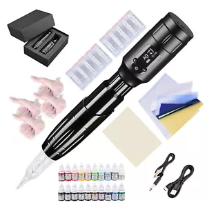 Wireless Tattoo Pen Kit Complete Machine Gun Power Supply Battery 10 Needles Ink - Picture 1 of 12