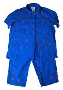 QUACKER FACTORY Linen Blend Blue Red Stars Bling USA Shirt & Capri Outfit Size L - Picture 1 of 14