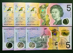 Australia 2016 Polymer $5 X 3 MATCHING SERIAL NUMBERS Pick-62 UNC - Picture 1 of 2