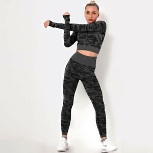 Women Yogawear Tow Piece Set Camouflage Long Sleeve Sportswear Finger Ser 