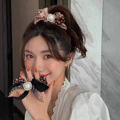 2 Pcs Metal Crystal Pearl Hair Scrunchies Satin Hair Ring Band - Image 1 of 2