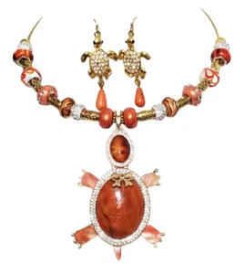 Crystal Turtle Orange Agate Gemstone Handmade Necklace Earrings One of a Kind - Picture 1 of 10