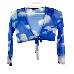 Head In The Clouds Womens Size L Blue White Front Tie Crop Top - Picture 1 of 3