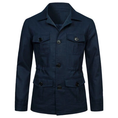 Men's Linen  Jacket Pockets Slim Fit Coat Casual Tops British - Image 1 of 4