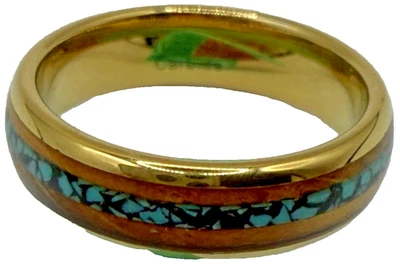Anillo Carburo de Tungsteno Talla 10 Tono Dorado Madera Turquesa Incrustación Foto 1 de 4