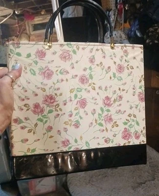 Vintage Rigid Tote Bag Covered In Vinyl With Roses With Black Trim - Image 1 of 4