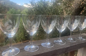 Vintage Etched Wheat Pattern Clear Glass MCM Crystal Wine Glasses Set-6 Elegant - Picture 1 of 8