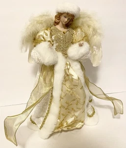 Vintage White And Gold 17” Christmas Angel Tree Topper Decoration - Picture 1 of 11