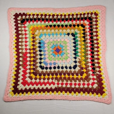 Vtg Handmade Crochet Afghan Blanket Multicolor Granny Square Throw Pink Border - Image 1 of 4