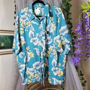 Banana Cabana Seide Tropical Hawaiihemd blau mit gelben Blumen strukturiert XXL - Bild 1 von 3