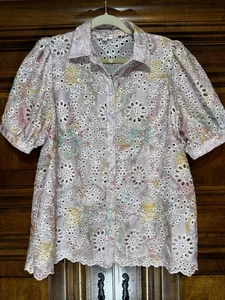 Umgee Shirt Womens L Pink Eyelet Embroidered Button Up Puff Sleeve Lace Top - Picture 1 of 9