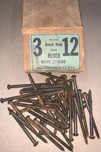 #12 x 3" VINTAGE BLUED SLOTTED ROUND HEAD IRON WOOD SCREWS 39 ct. - Picture 1 of 2