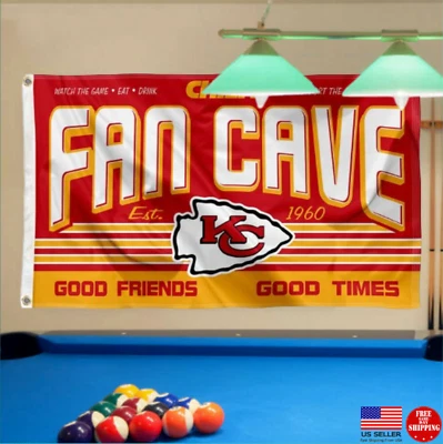 KANSAS CITY CHIEFS 3X5 FLAG MAN CAVE FLAGS FREE BANNER KC USA - Image 1 of 4