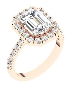 14K Gold VS F 2.60 Ct Emerald Lab Grown Diamond Halo Solitaire Engagement Ring - Picture 1 of 11