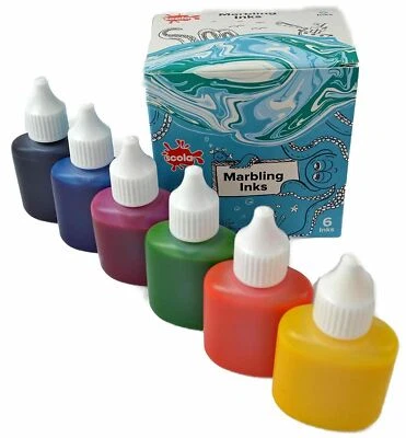 6 BRIGHT SCOLA MARBLING INKS 25ml DROPPER TOP BLUE GREEN ORANGE RED BLACK YELLOW - Image 1 of 4
