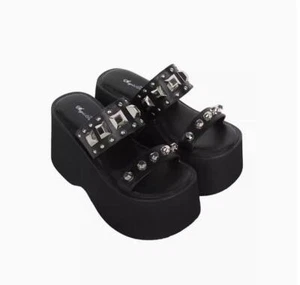 Womens Rivet Peep Toe Platform High Wedge Heels Punk Gothic Lolita Shoes - Picture 1 of 4
