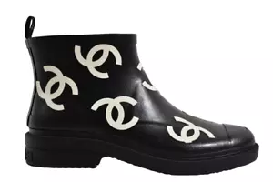 Chanel 23A Black White All Over Logo Rubber CC Low Top Short Ankle Rain Boots 38 - Picture 1 of 11