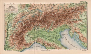 Antique map. PHYSICAL MAP OF ALPS & LANDS AROUND. Circa 1905 - Picture 1 of 5