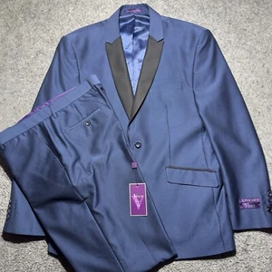 Vinci Men 2PC Suit 44R/38W Navy Blue Slim Fit Straight Legs Un-Hemmed NEW - Picture 1 of 24
