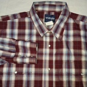 Wrangler Sz XXL Men's Western Pearl Snap Burgandy White Plaid Long Sleeve - Picture 1 of 12