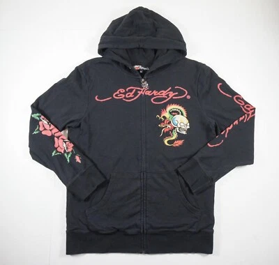 Ed Hardy Sweatshirt Womens 2XL XXL Black Hoodie Full Zip Grunge Skull Dragon - Image 1 of 4