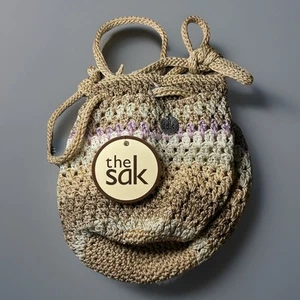the Sak Mexi Mini Beach Stripe Crochet Crossbody Bag Drawstring Pastel Summer - Picture 1 of 6