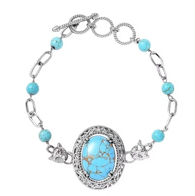 EverTrue Mojave Blue Turquoise Leopard Head Bracelet Platinum Bond (6.5-8in) - Image 1 of 4