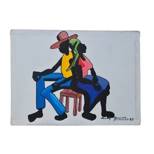 Headley Thompson Painting 1987 Jamaica West Indies Black Couple Man Woman Folk - Picture 1 of 12