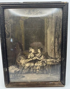 Antique Rococo Vanity Mirror w/ Chromolithograph Ladies Scene Wood Frame - Picture 1 of 13