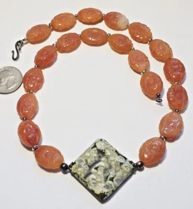 Vtg Carved Carnelian Flower Blossom & Ocean Jasper Square Pendant Necklace 20.5" - Picture 1 of 4