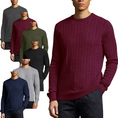 Fashionego Mens Cable Knit Jumper Cotton Sweater Crew Neck Ribbed Warm Pullover